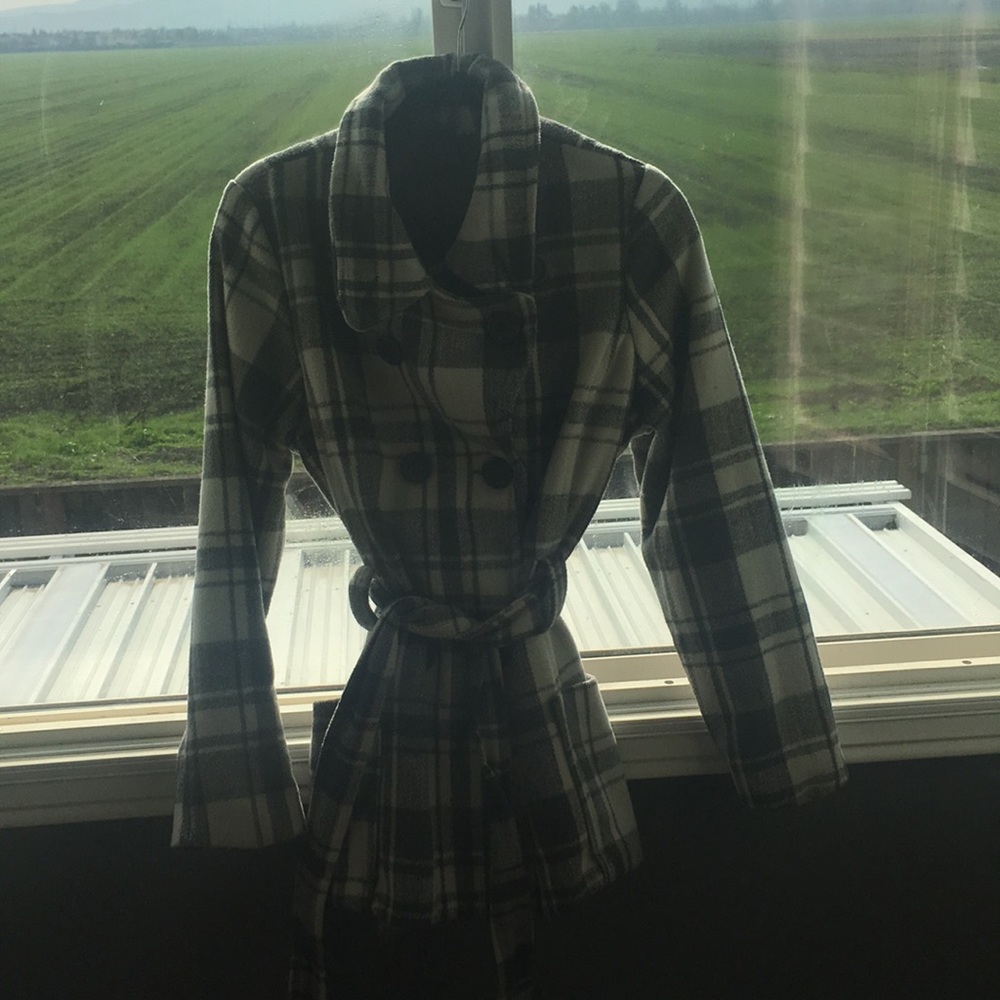 Gray and white plaid trench coat